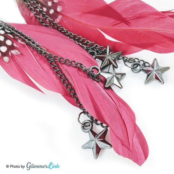 Lovely Long Pink & Polka Dot Feather Earrings with Dangling Stars - Picture 4 of 11
